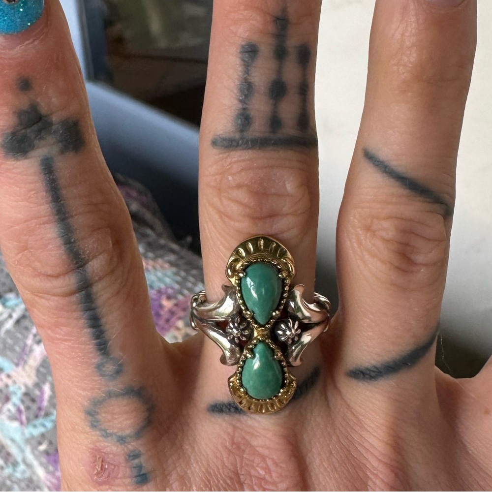 Sterling silver and gold ring with green gemstone size 7
